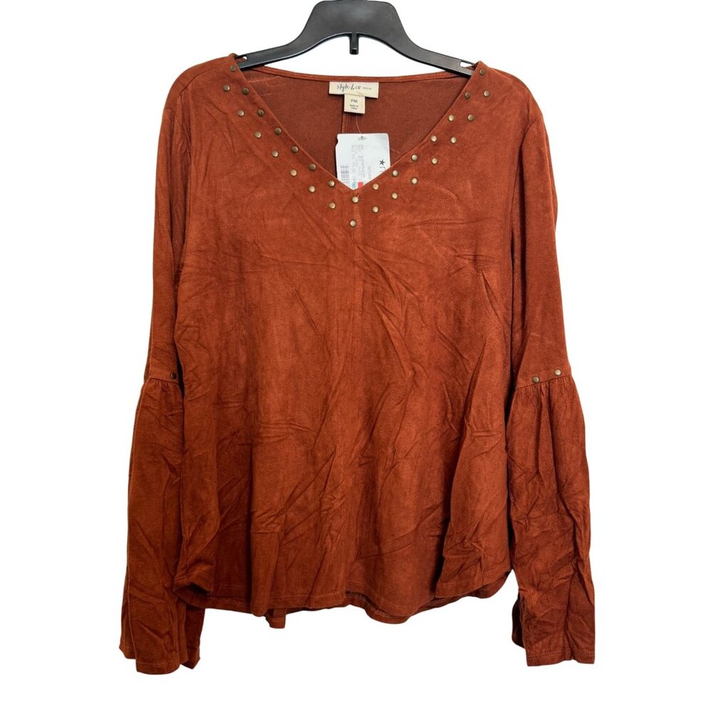 Style & Co Petite Womens Bell Sleeve Top Size PM Rust Studded V-Neck Polyester B